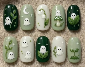 Spooky Ghost Press On Nails, Woodland Mushroom Lily of the Valley Glue On Nail