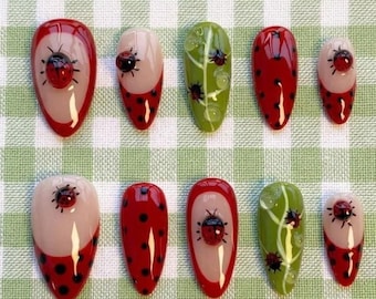 Handmade Ladybug French Tip Press On Nails, 3D Ladybird Nail Art with Nature Inspired Green Leaf & Red Polka Dot Design