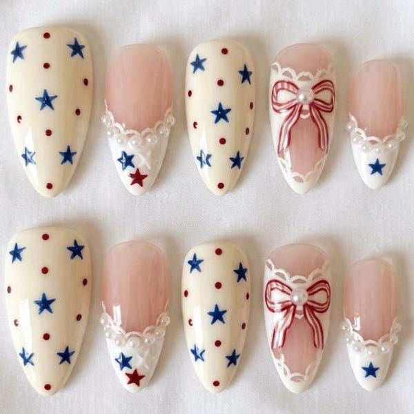 Patriotic Star French Tip Press On Nails, Red Blue Stars & Bow Pearl Lace Design, Americana Summer Holiday Nails, Gift For Independence Day