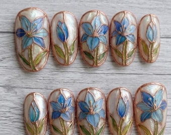 Blue Stained Glass Lily Press On Nails, Hand Painted Floral Almond Manicure