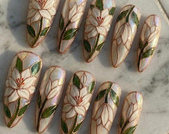 Stained Glass Lily Press On Nails, Bridal Wedding Art, Copper Detail, Elegant Minimal Luxury
