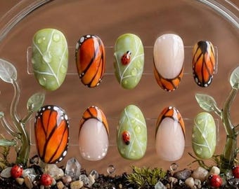 Hand-Painted Ladybug Green Leaf Press On Nails, Monarch Butterfly Fake Nail Design, Handmade Nature Inspired Manicure in Almond Shape