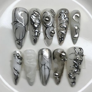 Freestyle 3D Chrome Press On Nails, Long Almond Gothic Design, Hand Painted Y2K Nail Art Set, Edgy Party Manicure, Reusable Glossy Tips