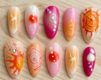 Golden Sun Press On Nails, Vibrant Summer Swirl, Hand Painted Almond Fake Nails