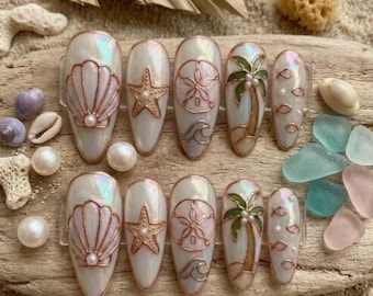 3D Summer Ocean Press On Nails, Seashell Starfish Palm Tree Design