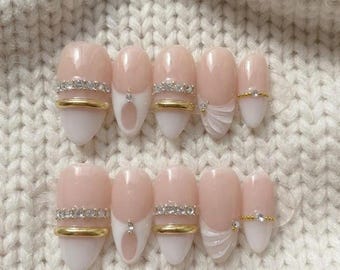 Diamond White Rhinestone French Tip Press On Nails, Luxury Bridal False Nails