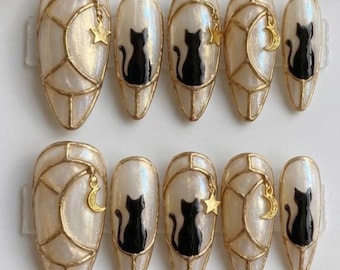 Celestial Stained Glass Cat Press On Nails, Handcrafted 3D Moon & Star Fake Nails Design, Iridescent Feline Manicure in Almond for Party