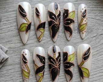 Art Nouveau Lily Press On Nails, Iridescent Black Rose Gold Manicure, Almond Fake Nails