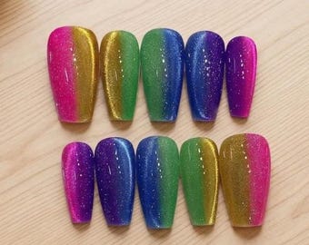 Rainbow Glitter Ombre Press On Nails, Sparkly Gradient Almond Fake Nails, Reusable Party Design