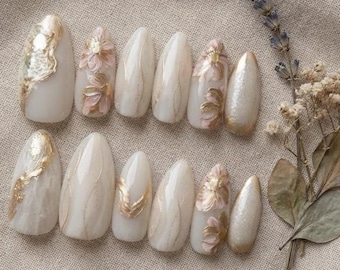 Milky White Marble Press on Nails, Gold Leaf Floral Wedding Design