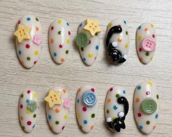 3D Black Cat Press On Nails, Kawaii Polka Dot Almond Fake Nails, Kidcore Craft