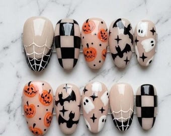 Halloween Ghost Pumpkin Press On Nails, Spooky Bat Checkerboard Fall Fake Nails