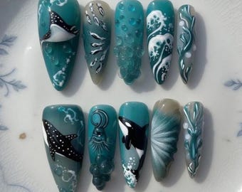 Handmade Ocean Whale Press On Nails, 3D Orca Manta Ray Shark Art