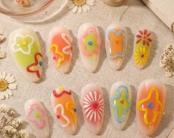 Handmade Tropical Swirl Press On Nails, Reusable Almond Art Set, Summer Glossy Manicure
