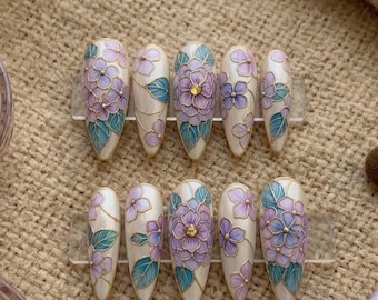 Purple Stained Glass Floral Press On Nails, Hand Painted Cloisonné Almond Manicure