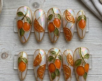 3D Orange Citrus Stained Glass Press On Nails, Handmade Fruit Gel Manicure Almond Nails