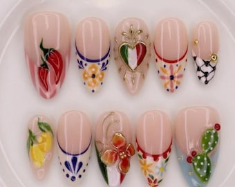 Mexican Folk Art Press On Nails, Chili Pepper Lemon Cactus And Sacred Heart Design, Almond Fake Nails with Colorful Handmade Summer Nail