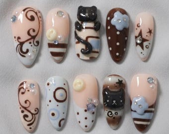 3D Tuxedo Black Cat Press On Nails, Kawaii Chocolate Cafe Design, Blue Flower Ribbon Bow Coquette Art