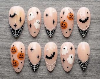 Halloween Ghost Bat Pumpkin Press On Nails, Spooky Spiderweb French Tips Fake Nail Design