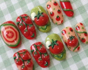 3D Tomato Garden Press On Nails, Handmade Tomatoes Leaf Art, Cottagecore Manicure Short Oval