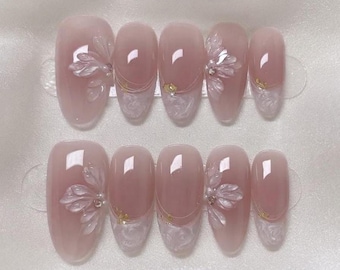 Pearlescent Petal French Press On Nails, 3D Lace Gold Accents, Sheer Pink Almond Manicure