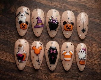 Handmade Halloween Press On Nails, Ghost Pumpkin Witch Almond Glue On Nail, Spooky Kawaii
