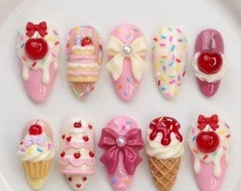Handmade Dessert Press On Nails, 3D Cake Ice Cream Art, Kawaii Cherry Fake Nails