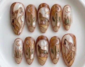 3D Stained Glass Wolf Cactus Press On Nails, Western Boho Desert False Nails Design, Handmade Southwest Manicure with Almond for Holiday
