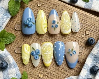 Lemon Blueberry Press On Nails, 3D Fruit Art Summer Almond Glue On Tips