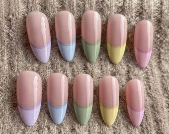 Pastel French Tip Press On Nails, Soft Color Double Line Spring Manicure