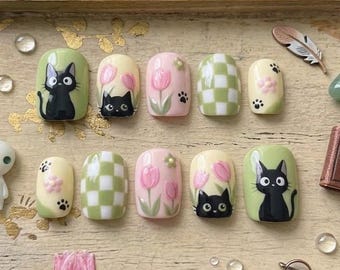 Handmade Black Cat Tulip Press On Nails, Kawaii Checkerboard Pastel Spring Short Square