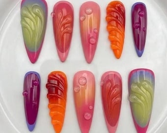 Vibrant Aura Press On Nails, Rainbow Ombre Gel Fake Nails, Almond Shape Glossy Design