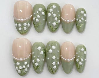 Sage Green Almond Press On Nails, Lily of the Valley Floral Pearl Design, Elegant Botanical Manicure, Spring Garden Nail Art, Handmade Tips