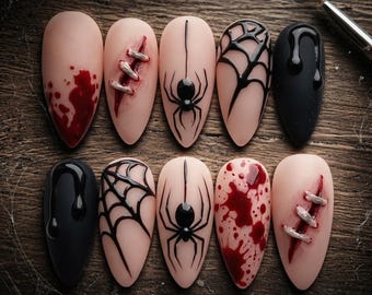 Gothic Blood Drip Halloween Press On Nails, Bloody Spider Web Art in Stiletto Fake Nail Design, Gift for Her on Holiday