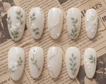 Botanical Leaf Press On Nails, Hand Painted Floral Pearl White False Nails Bridal