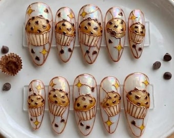 3D Rose Gold Muffin Press On Nails, Stained Glass Cupcake Manicure, Almond Fake Nails