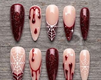 Dark Red Glitter Halloween Press On Nails, Spooky Spiderweb And Blood Drip French Tips Fake Nails Design, Gift for Her