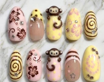 Y2K Tropical Press On Nails, 3D Monkey, Hibiscus Flower, Medium Almond Nail Art
