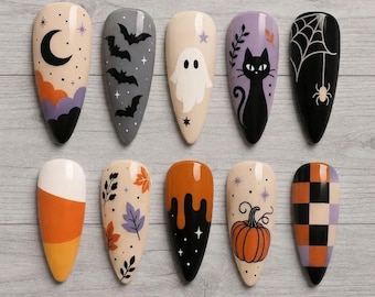 Handmade Halloween Press On Nails, Spooky Ghost Black Cat Pumpkin Art