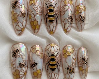 Honeycomb Bee Stained Glass Press On Nails, 3D Rose Gold Daisy Nail Art