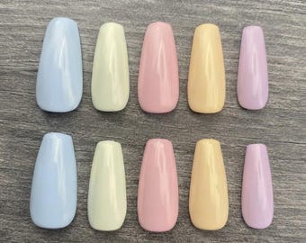 Pastel Rainbow Press On Nails, Baby Blue Pink Yellow Lavender Reusable Spring Set