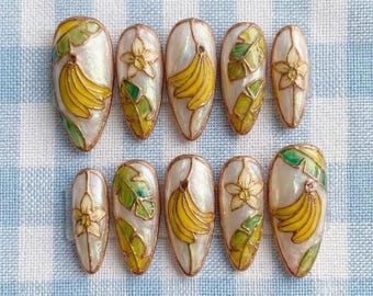 Hand Painted Banana Stained Glass Press On Nails, Rose Gold Leaf & Flower Fake Nails Design, Tropical Summer Fruit Set in Almond for Holiday