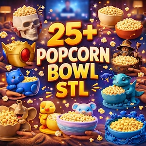Puede incluir: Imagen colorida que muestra varios cuencos de palomitas con diseños caprichosos, incluyendo una calavera, una corona y formas de animales. El texto "25+ Popcorn Bowl STL" se muestra prominentemente en el centro.