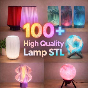 May include: A collection of various lamps with unique designs and colors. The lamps include red, white, and blue cylindrical lamps, along with other geometric and spherical designs. The image also displays the text "100+ High Quality Lamp STL".
