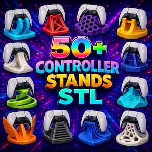 Puede incluir: Una colección de doce soportes para mandos impresos en 3D en varios colores y formas geométricas, cada uno sosteniendo un mando de juego blanco y negro. El texto central dice 50+ CONTROLLER STANDS STL sobre un fondo oscuro y vibrante.