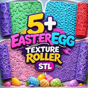 Può includere: Una varietà di rulli per texture a tema pasquale in vari colori, tra cui viola, verde, blu e rosso. L'immagine presenta il testo "5+ Easter Egg Texture Roller STL" e diverse uova di Pasqua decorate.