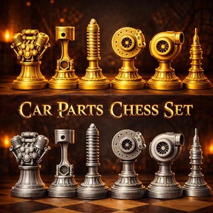 May include: A car parts chess set with gold and silver pieces. The pieces are designed to resemble engine components, including pistons, turbochargers, and valves. The text "CAR PARTS CHESS SET" is displayed in gold lettering.