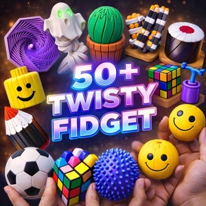 Könnte beinhalten: Eine Sammlung farbenfroher Fidget-Spielzeuge, darunter ein Zauberwürfel, Smiley-Bälle, ein Fußball und ein stacheliger blauer Ball. Das Bild zeigt auch einen Geist, eine Wassermelone in einem Topf und einen Bleistift. Der Text "50+ Twisty Fidget" ist zu sehen.