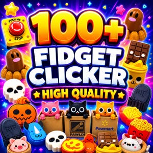以下が含まれることがあります： 「100+ Fidget Clicker」のおもちゃを宣伝する鮮やかなグラフィック。猫の形をしたフィギュア、カボチャ、チョコレートバーなど、さまざまなカラフルなフィジェットおもちゃが特徴です。「High Quality」、「Push Me Stop」、「Pawmart」などのテキストが含まれています。