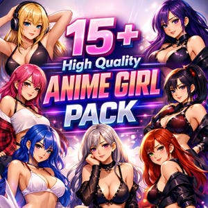 Può includere: Un'illustrazione con diversi personaggi femminili in stile anime con vari colori di capelli, tra cui biondo, rosa, blu, viola, argento e rosso. L'immagine presenta il testo "15+ High Quality ANIME GIRL PACK" in un font neon.